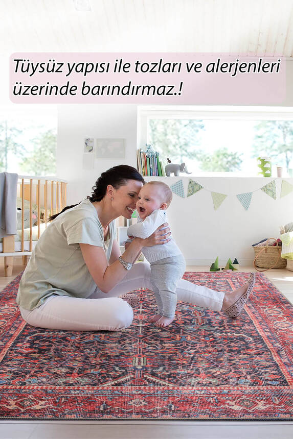 Outlet 230x230 Kare Blues Vintage Desenli Dokuma Taban Dekoratif Kırmızı Halı AL-354 - 8