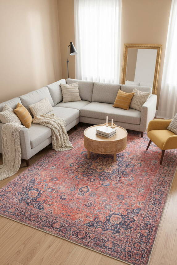 Outlet 230x230 Kare Blues Vintage Desenli Dokuma Taban Dekoratif Kırmızı Halı AL-370 - 1