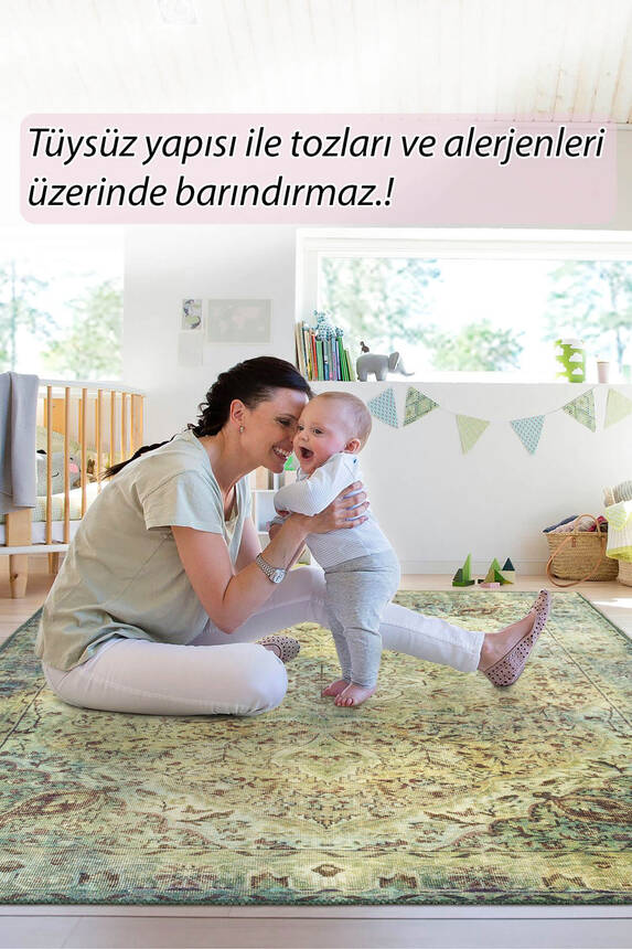 Outlet 230x230 Kare Blues Vintage Desenli Dokuma Taban Dekoratif Yeşil Halı AL-23 - 8