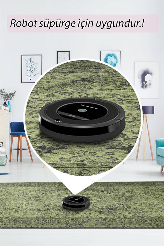 Outlet 230x230 Kare Dorian Eskitme Desenli Dokuma Taban Dekoratif Yeşil Halı AL-423 - 6