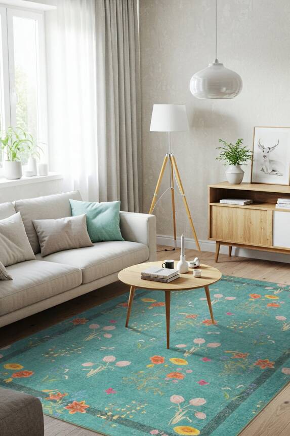 Outlet 230x230 Kare Florart Turkuaz / Turuncu Doğa Temalı Çiçekli Dokuma Tabanlı Modern Şönil Halı AL-491 - 1