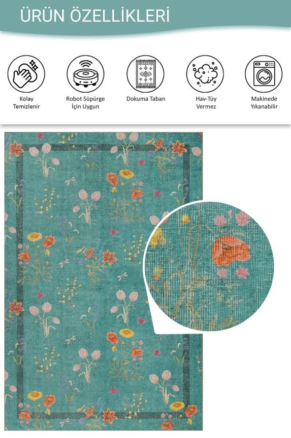 Outlet 230x230 Kare Florart Turkuaz / Turuncu Doğa Temalı Çiçekli Dokuma Tabanlı Modern Şönil Halı AL-491 - 4