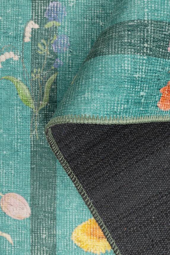 Outlet 230x230 Kare Florart Turkuaz / Turuncu Doğa Temalı Çiçekli Dokuma Tabanlı Modern Şönil Halı AL-491 - 5