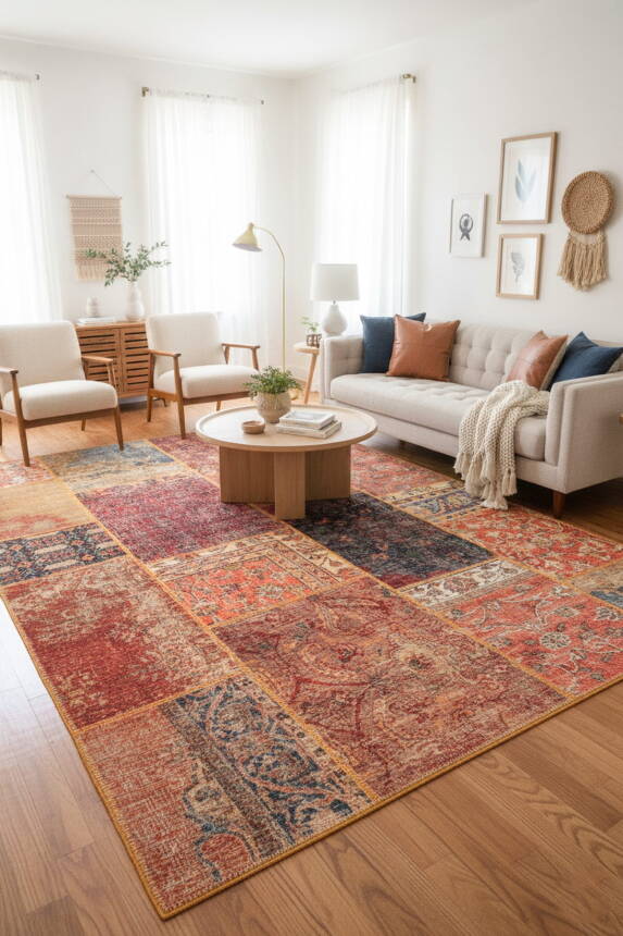 Outlet 230x230 Kare Jazz Patchwork Desenli Dokuma Taban Dekoratif Renkli Halı AL-16 - 1