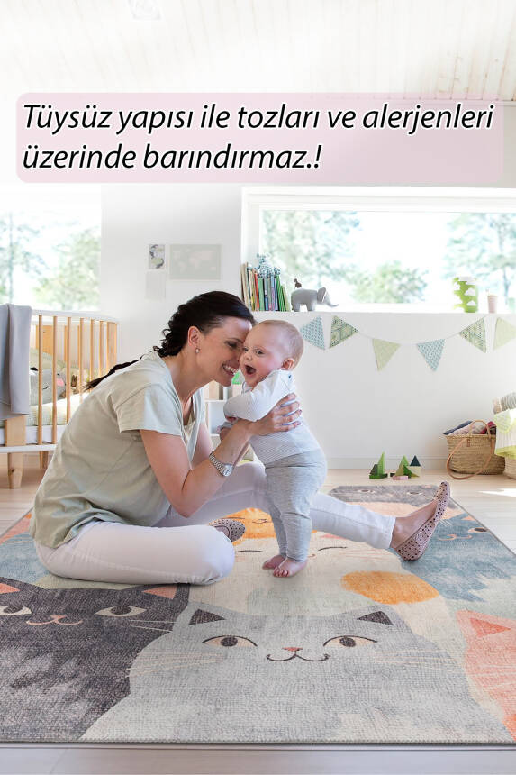 Outlet 230x230 Kare Minor Kedi Desenli Dokuma Taban Dekoratif Çocuk Odası Halısı AL-434 - 3