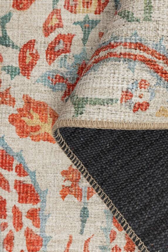 Outlet 230x230 Kare Nora Krem / Turuncu Çiçekli Dokuma Tabanlı Modern Şönil Halı AL-490 - 5