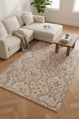 Outlet 230x230 Kare Nora Krem / Turuncu Çiçekli Dokuma Tabanlı Modern Şönil Halı AL-490 - Artloop