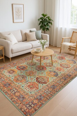 Outlet 230x230 Kare Relic Çok Renkli Vintage Dokulu Klasik Desenli Dokuma Tabanlı Şönil Halı AL-507 - Artloop