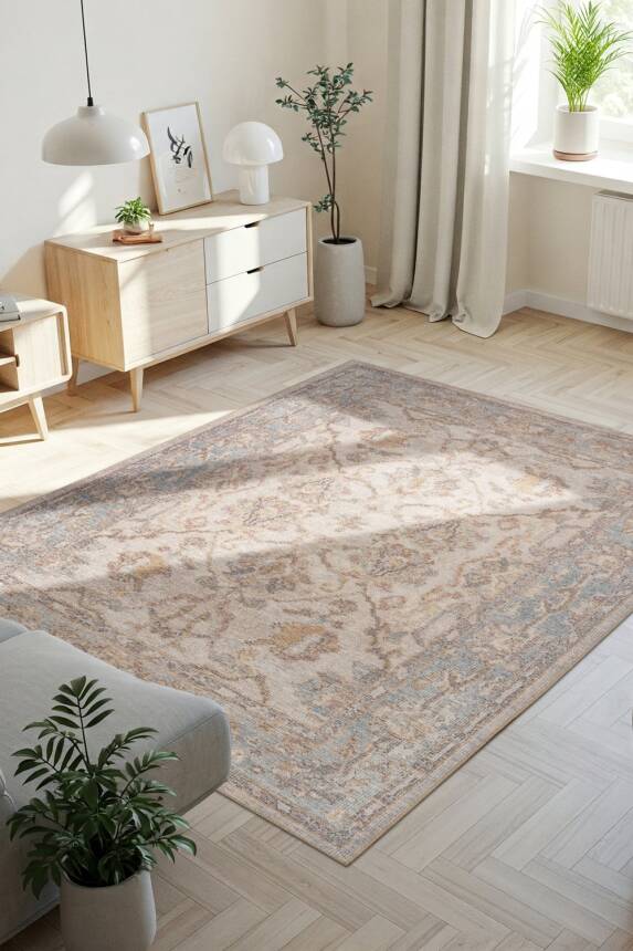 Outlet 230x230 Kare Relic Gri Vintage Dokulu Klasik Desenli Dokuma Tabanlı Şönil Halı AL-511 - 1