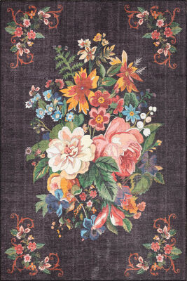 Outlet 230x230 Kare Soul Etnik Karabağ Çiçek Desenli Dokuma Taban Dekoratif Siyah Halı AL-322 - 2