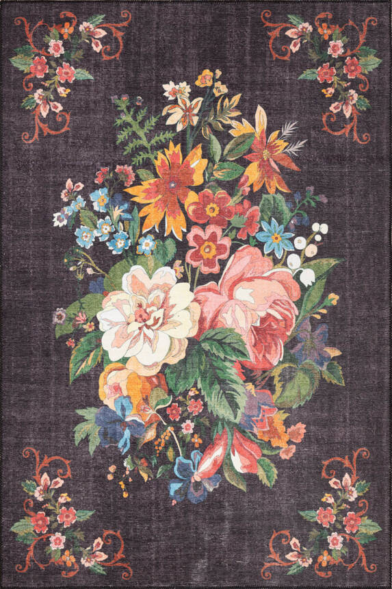Outlet 230x230 Kare Soul Etnik Karabağ Çiçek Desenli Dokuma Taban Dekoratif Siyah Halı AL-322 - 2