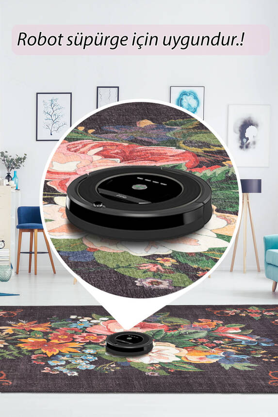 Outlet 230x230 Kare Soul Etnik Karabağ Çiçek Desenli Dokuma Taban Dekoratif Siyah Halı AL-322 - 6