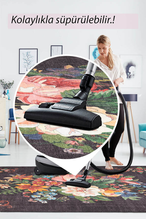 Outlet 230x230 Kare Soul Etnik Karabağ Çiçek Desenli Dokuma Taban Dekoratif Siyah Halı AL-322 - 7