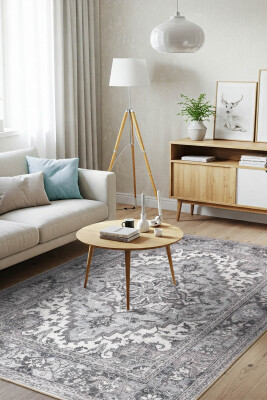 Outlet 230x230 Kare Stonart Eskitme Vintage Desenli Gri Otantik Yıkanabilir Şönil Halı AL-455 - Artloop