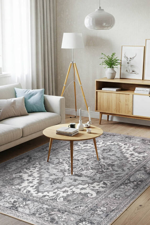 Outlet 230x230 Kare Stonart Eskitme Vintage Desenli Gri Otantik Yıkanabilir Şönil Halı AL-455 - 1