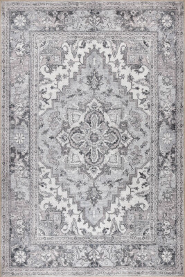 Outlet 230x230 Kare Stonart Eskitme Vintage Desenli Gri Otantik Yıkanabilir Şönil Halı AL-455 - 2