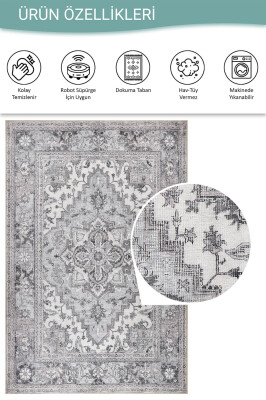 Outlet 230x230 Kare Stonart Eskitme Vintage Desenli Gri Otantik Yıkanabilir Şönil Halı AL-455 - 4