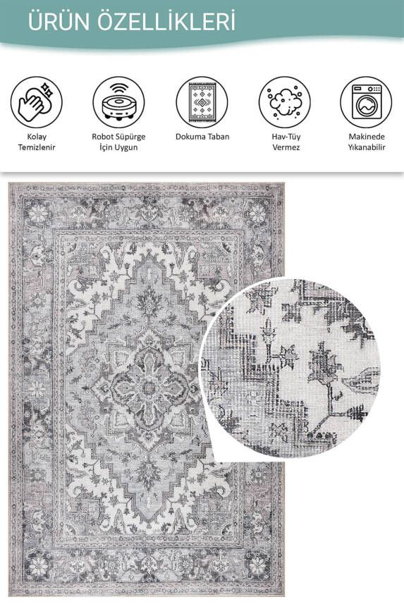 Outlet 230x230 Kare Stonart Eskitme Vintage Desenli Gri Otantik Yıkanabilir Şönil Halı AL-455 - 4