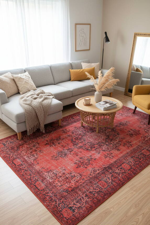 Outlet 230x330 Blues Vintage Desenli Dokuma Taban Dekoratif Kırmızı Halı AL-131 - 1