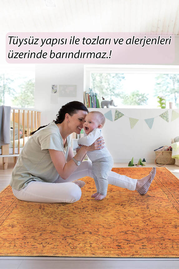 Outlet 230x330 Folk Eskitme Desenli Dokuma Taban Dekoratif Hardal Sarısı Halı BA-15 - 8