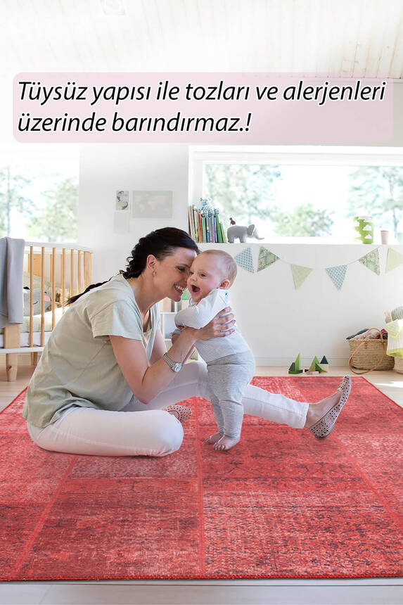 Outlet 230x330 Jazz Patchwork Desenli Dokuma Taban Dekoratif Kırmızı Halı AL-164 - 8