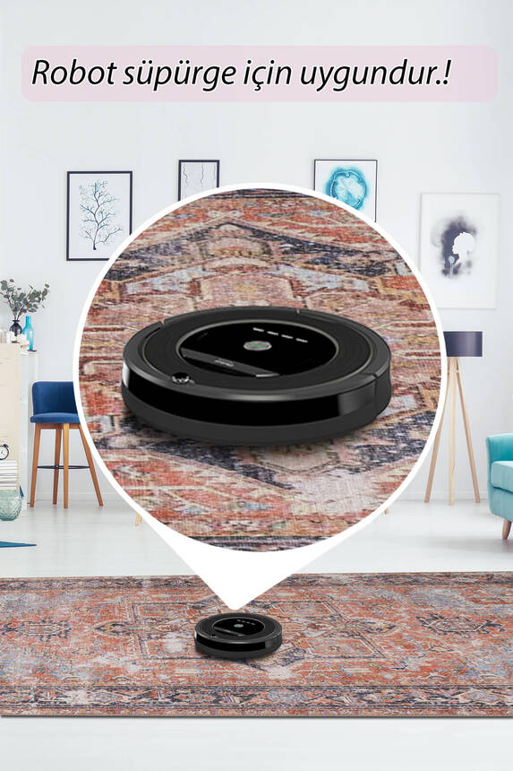 Outlet 250x250 Daire Folk Vintage Desenli Dokuma Taban Dekoratif Renkli Halı BA-33 - 6