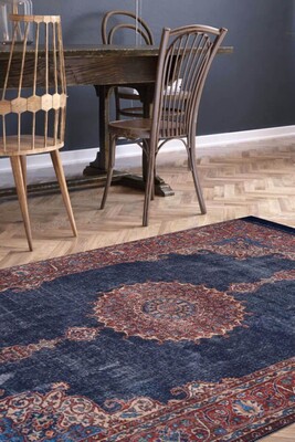 Outlet 250x250 Kare Blues Vintage Desenli Dokuma Taban Dekoratif Lacivert Halı AL-87 - 1