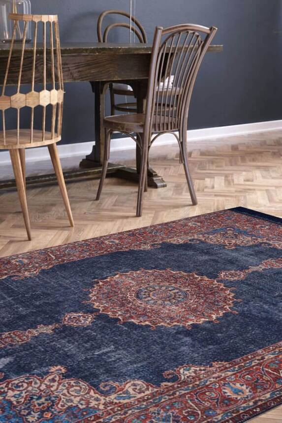 Outlet 250x250 Kare Blues Vintage Desenli Dokuma Taban Dekoratif Lacivert Halı AL-87 - 1