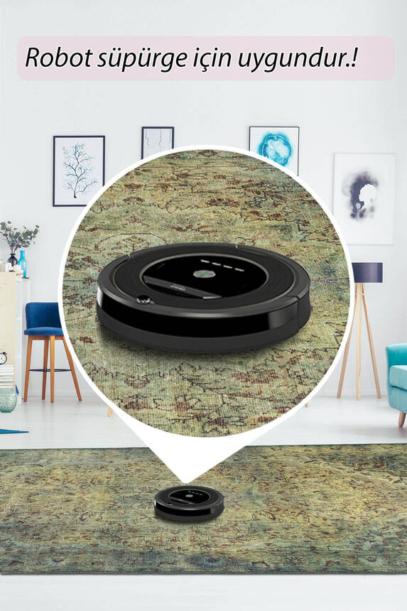 Outlet 250x250 Kare Blues Vintage Desenli Dokuma Taban Dekoratif Yeşil Halı AL-23 - 6