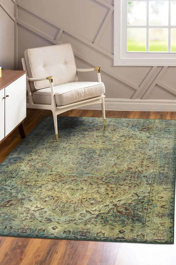 Outlet 250x250 Kare Blues Vintage Desenli Dokuma Taban Dekoratif Yeşil Halı AL-23 - 1