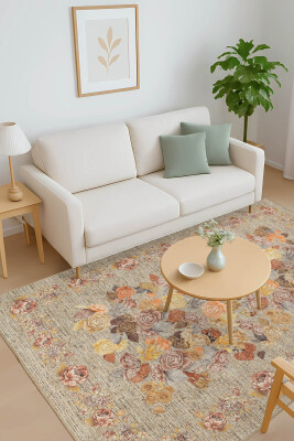 Outlet 250x250 Kare Florart Bej / Sarı Vintage Dokulu Çiçek Desenli Dokuma Tabanlı Şönil Halı AL-471 - 1