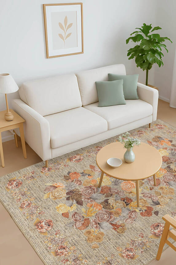 Outlet 250x250 Kare Florart Bej / Sarı Vintage Dokulu Çiçek Desenli Dokuma Tabanlı Şönil Halı AL-471 - 1
