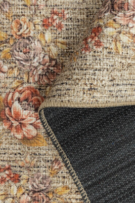 Outlet 250x250 Kare Florart Bej / Sarı Vintage Dokulu Çiçek Desenli Dokuma Tabanlı Şönil Halı AL-471 - 5