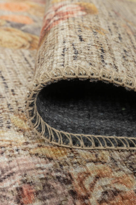 Outlet 250x250 Kare Florart Bej / Sarı Vintage Dokulu Çiçek Desenli Dokuma Tabanlı Şönil Halı AL-471 - 6