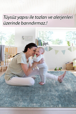 Outlet 250x250 Kare Folk Modern Dokuma Taban Dekoratif Mavi Halı BA-47 - 8
