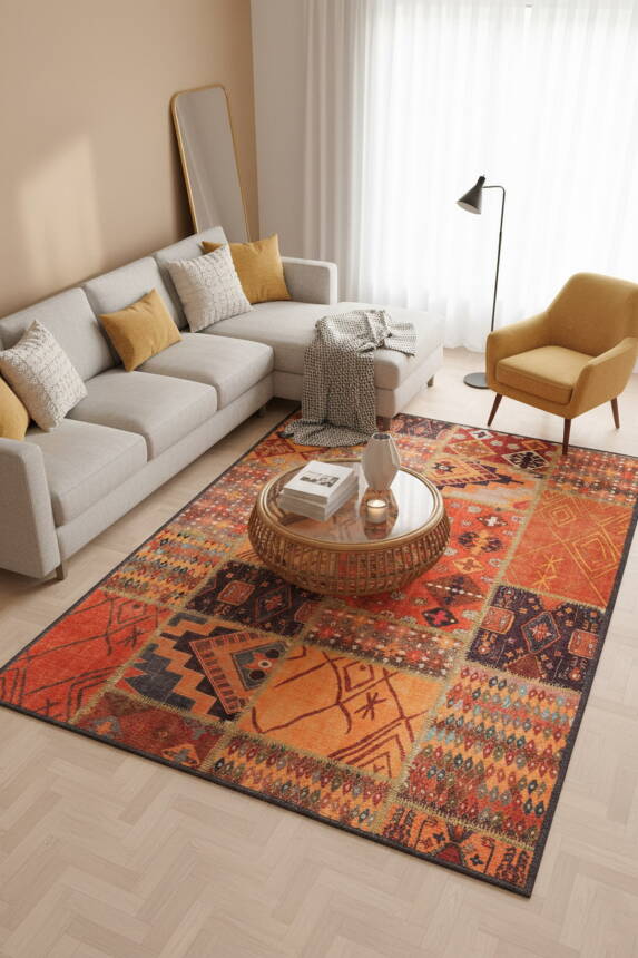 Outlet 250x250 Kare Jazz Patchwork Desenli Dokuma Taban Dekoratif Renkli Halı AL-332 - 1