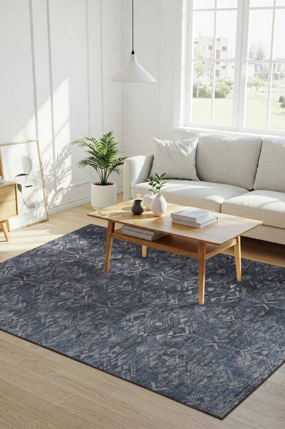 Outlet 250x250 Kare Nora Lacivert Etnik Desenli Dokuma Tabanlı Modern Şönil Halı AL-501 - 1
