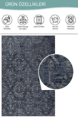 Outlet 250x250 Kare Nora Lacivert Etnik Desenli Dokuma Tabanlı Modern Şönil Halı AL-501 - 4