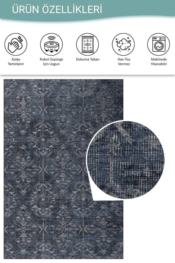 Outlet 250x250 Kare Nora Lacivert Etnik Desenli Dokuma Tabanlı Modern Şönil Halı AL-501 - 4