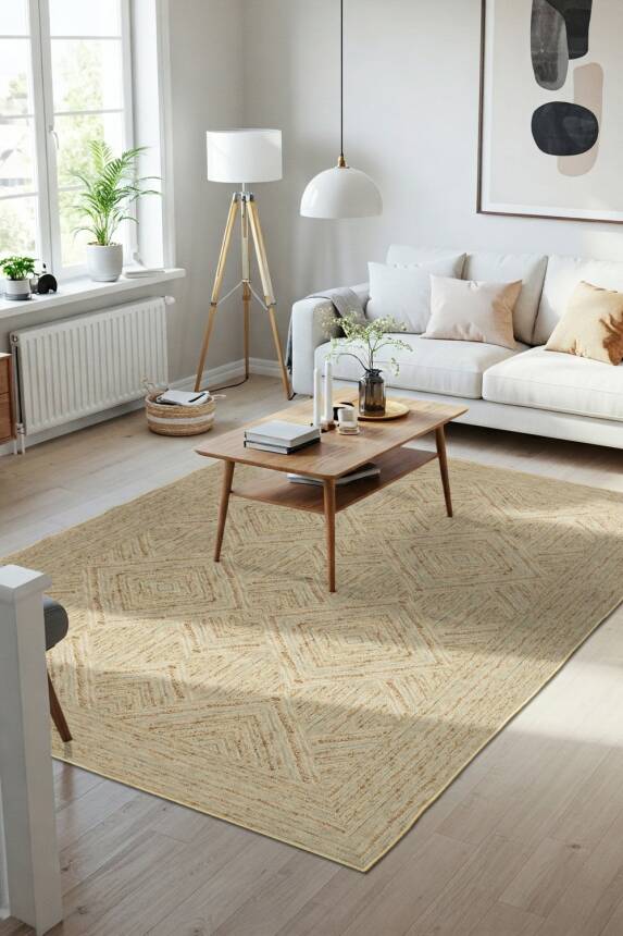 Outlet 250x250 Kare Nora Yeşil Geometrik Desenli Dokuma Tabanlı Modern Şönil Halı AL-525 - 1