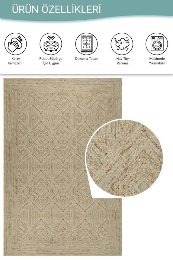 Outlet 250x250 Kare Nora Yeşil Geometrik Desenli Dokuma Tabanlı Modern Şönil Halı AL-525 - 4