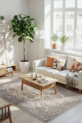 Outlet 250x250 Kare Relic Gri Vintage Dokulu Klasik Desenli Dokuma Tabanlı Şönil Halı AL-520 - Artloop