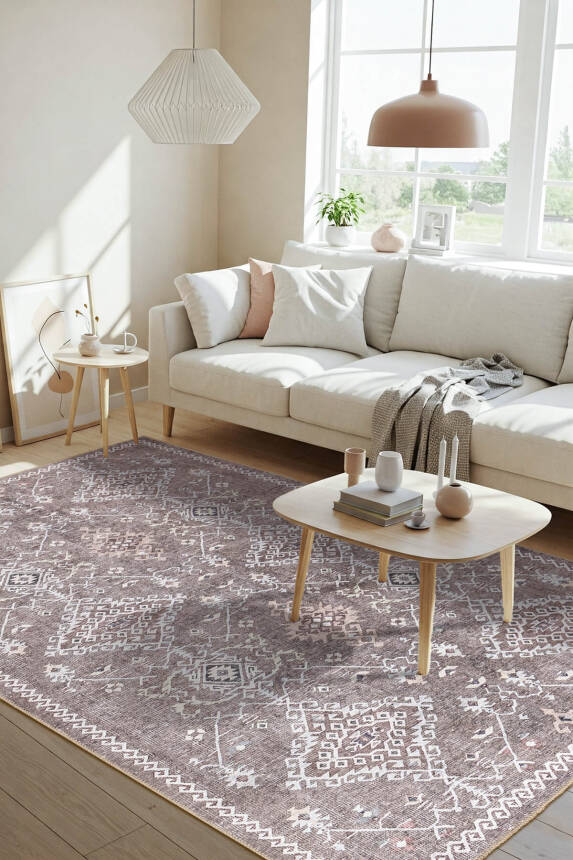 Outlet 250x250 Kare Stonart Eskitme Vintage Desenli Kahverengi Otantik Yıkanabilir Şönil Halı AL-463 - 1