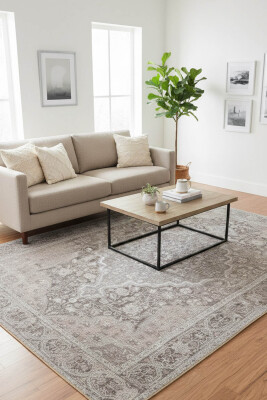 Outlet 250x250 Kare Stonart Klasik Eskitme Vintage Desenli Otantik Yıkanabilir Gri/Kahverengi Halı AL-444 - Artloop