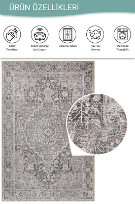 Outlet 250x250 Kare Stonart Klasik Eskitme Vintage Desenli Otantik Yıkanabilir Gri/Kahverengi Halı AL-444 - 4