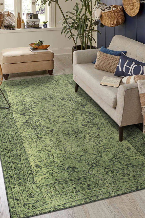 Outlet 250x350 Dorian Eskitme Desenli Dokuma Taban Dekoratif Yeşil Halı AL-423 - 1