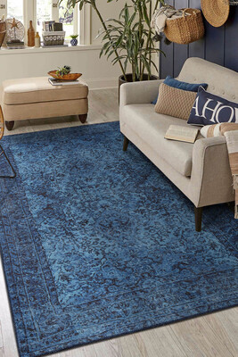 Outlet 115x160 Folk Eskitme Desenli Dokuma Taban Dekoratif Mavi Halı BA-44 - 1