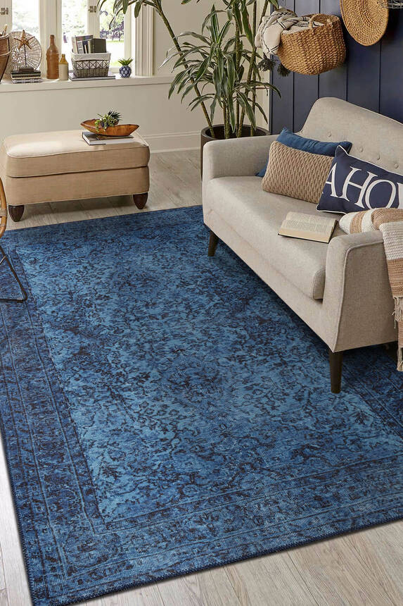 Outlet 115x160 Folk Eskitme Desenli Dokuma Taban Dekoratif Mavi Halı BA-44 - 1