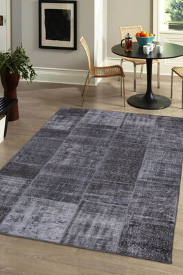 Outlet 250x350 Jazz Patchwork Desenli Dokuma Taban Dekoratif Siyah Halı AL-81 - 1