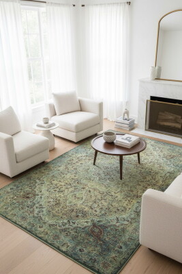 Outlet 300X400 Blues Vintage Desenli Dokuma Taban Dekoratif Yeşil Halı AL-23 - Artloop